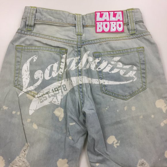 LALABOBO Distressed Large Logo Print Hi Waist Jean - Picture 8 of 12